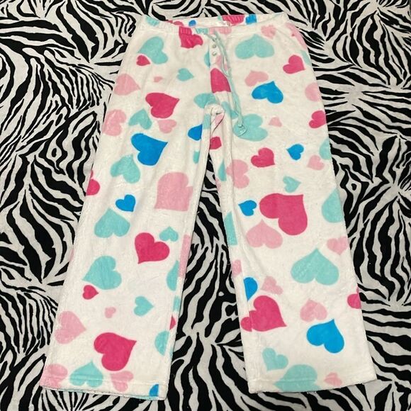 Fluffy kawaii white bottom pj pajama pants valentines heart print size large - Picture 2 of 7